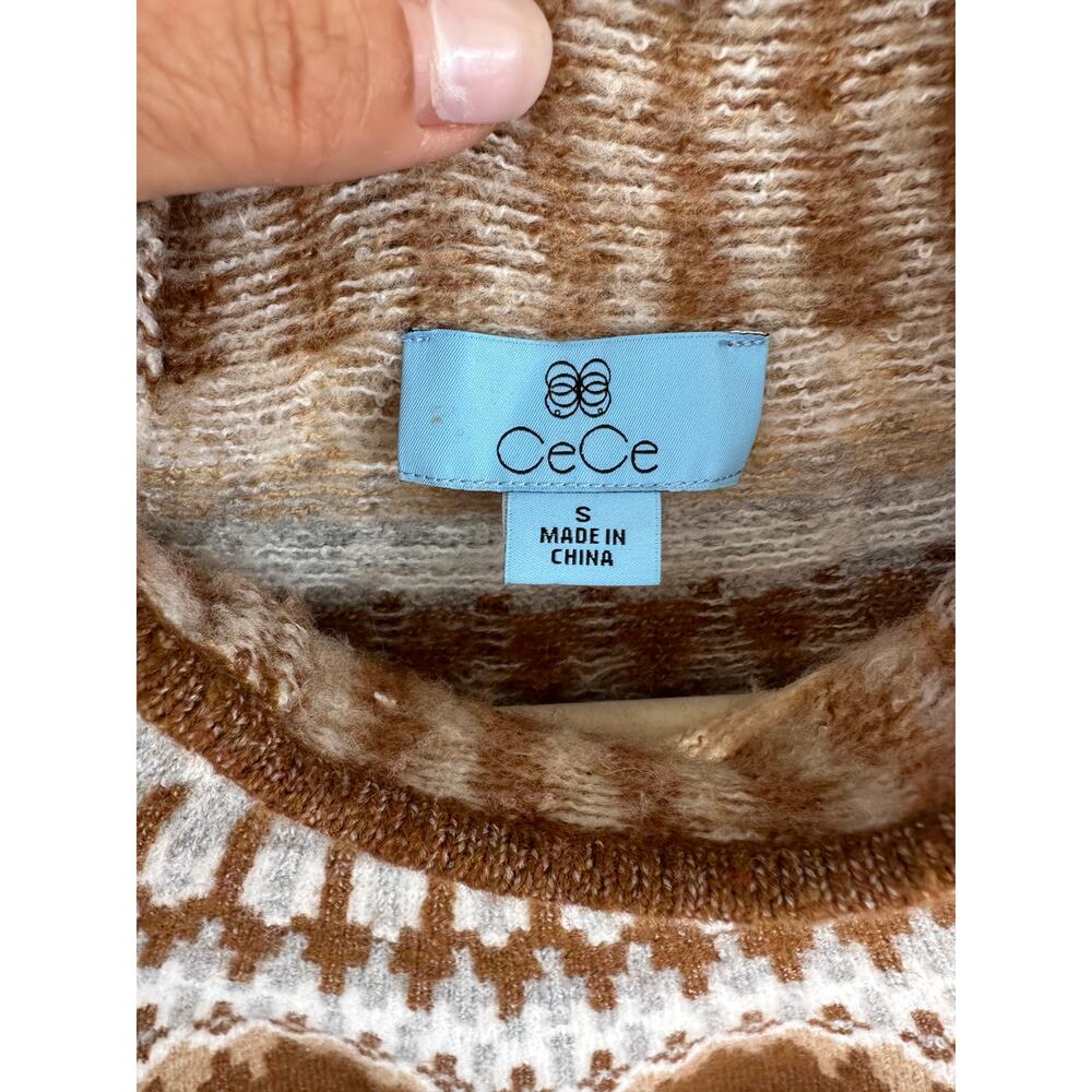 🌴 CeCe Fair Isle Chestnut Brown Funnel Neck Sweater, Size Small - Picture 4 of 6